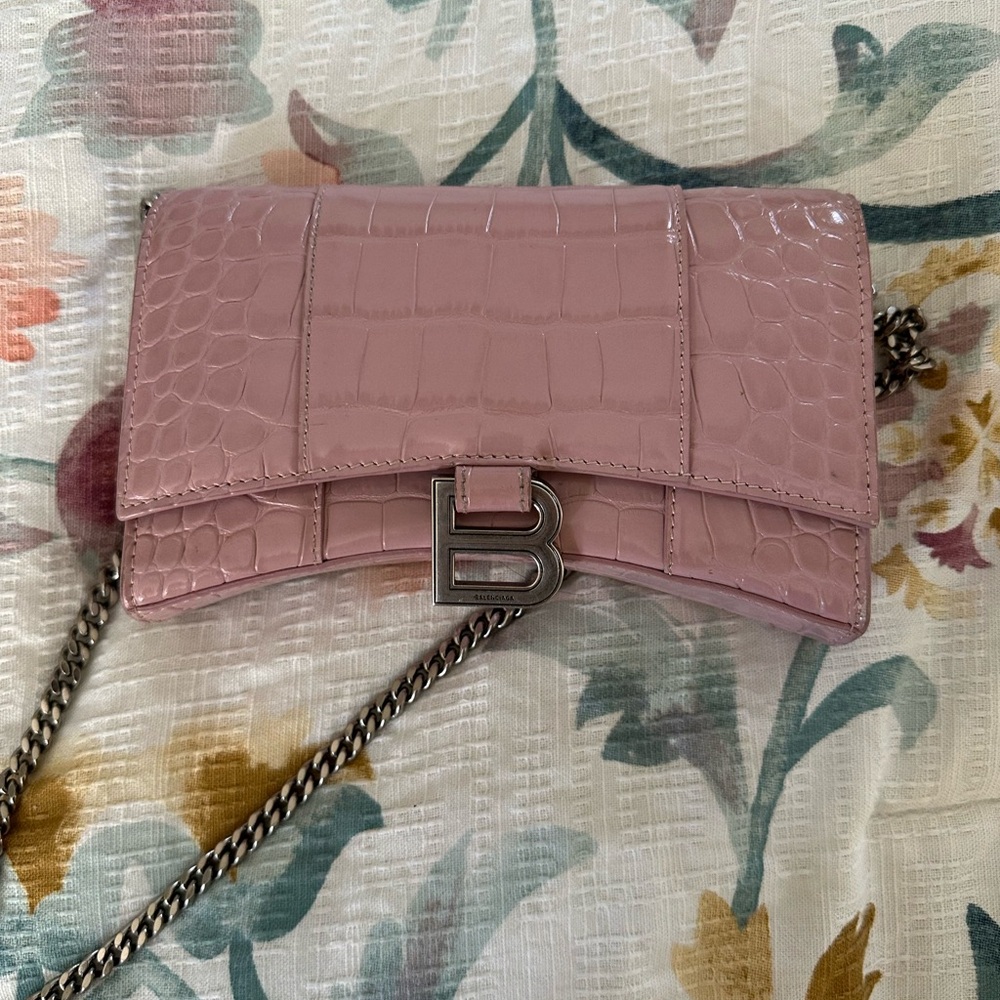 Balenciaga Pink Clutch with Chain Strap and Croc-Embossed Texture